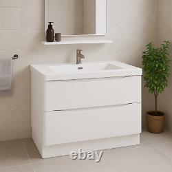 White Floor Standing Bathroom Vanity Unit With Resin Basin Sink 2 Drawer W900mm