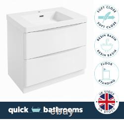 White Floor Standing Bathroom Vanity Unit With Resin Basin Sink 2 Drawer W900mm
