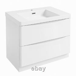 White Floor Standing Bathroom Vanity Unit With Resin Basin Sink 2 Drawer W900mm