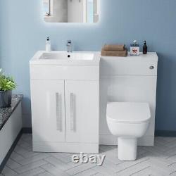 White Gloss LH Vanity Unit Basin Cabinet 1100mm and BTW Toilet Aric