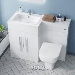 White Gloss LH Vanity Unit Basin Cabinet 1100mm and BTW Toilet Aric