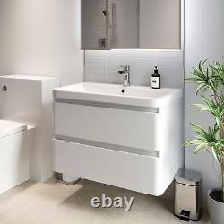 White Gloss Wall Hung Vanity Unit & Basin 800mm Width Modern Bathroom Storage