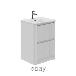 White Ribbed Vanity Unit Textured Floor Standing 600mm Bathroom Unit 2 Drawers