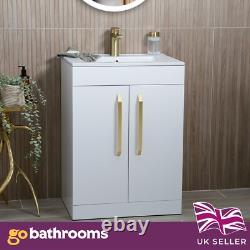 White Vanity Unit Gold Basin Tap Waste Handles Bathroom Storage 615mm