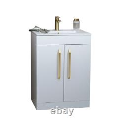 White Vanity Unit Gold Basin Tap Waste Handles Bathroom Storage 615mm